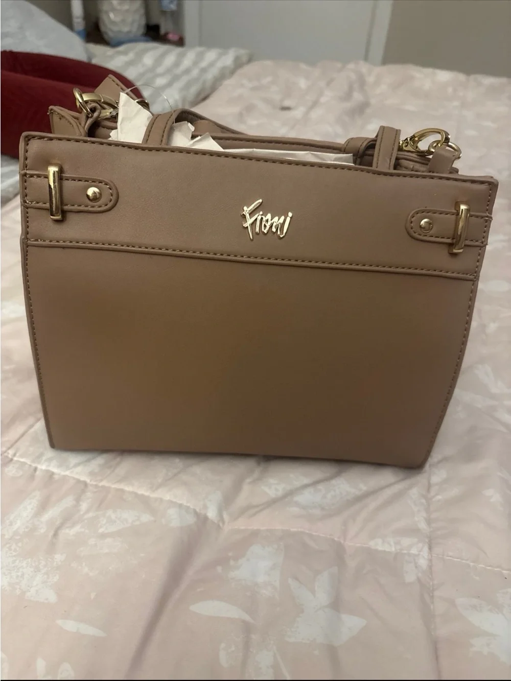 FIONI Clothing Taupe Structured Satchel with Gold Accents